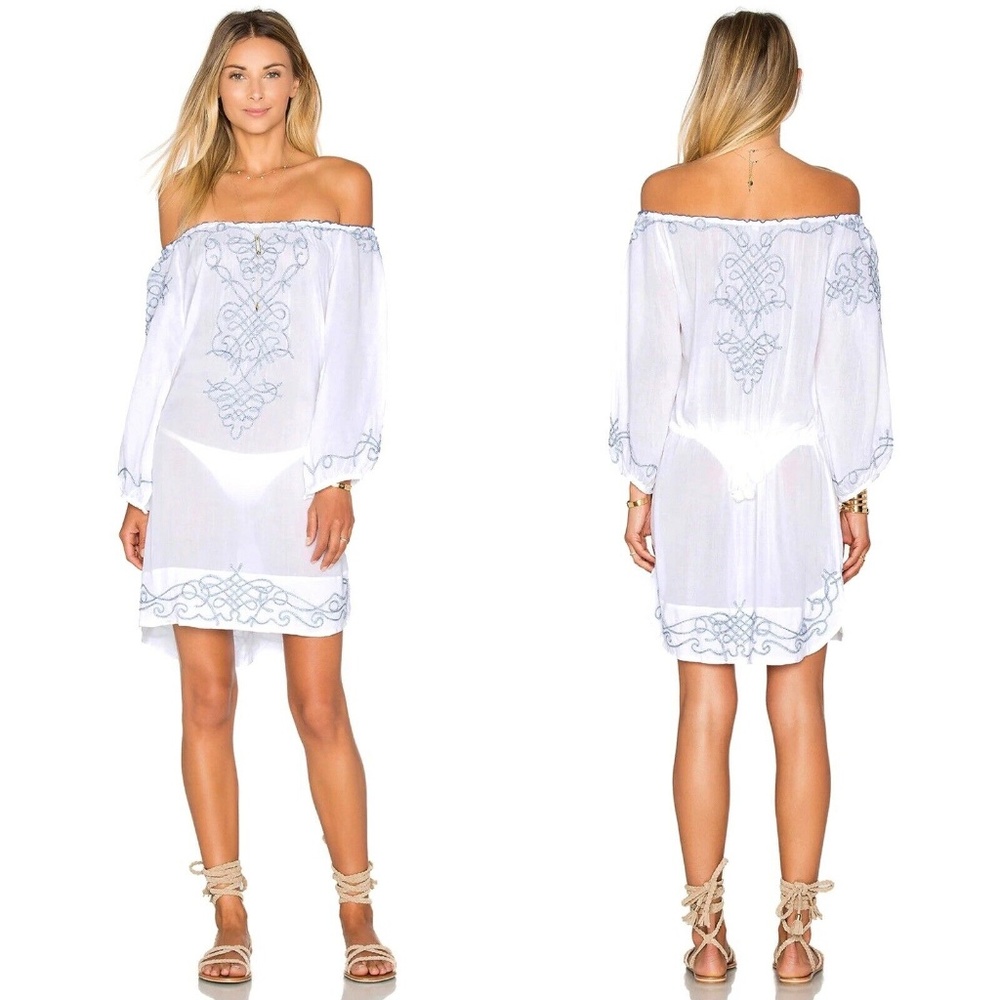 POUPETTE ST BARTH Abel Embroidered Off Shoulder Dress in White Light Navy